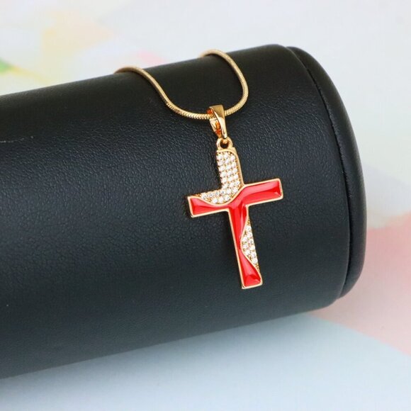 "Rose Gold Cross Pendant with Red Enamel and CZ Stone Detailing, XPPT1399 - Picture 4 of 13